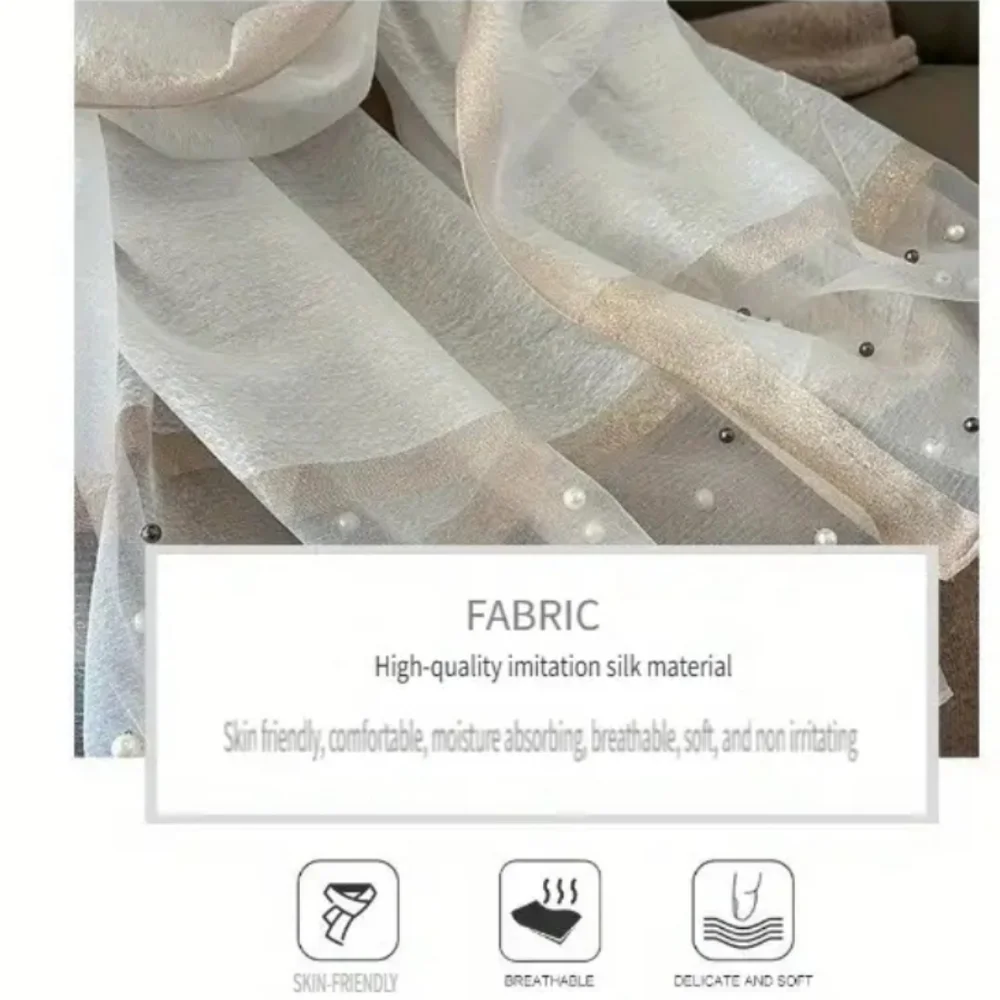Scarf Elegant Milk White Pearl-Embellished with Gold Accent